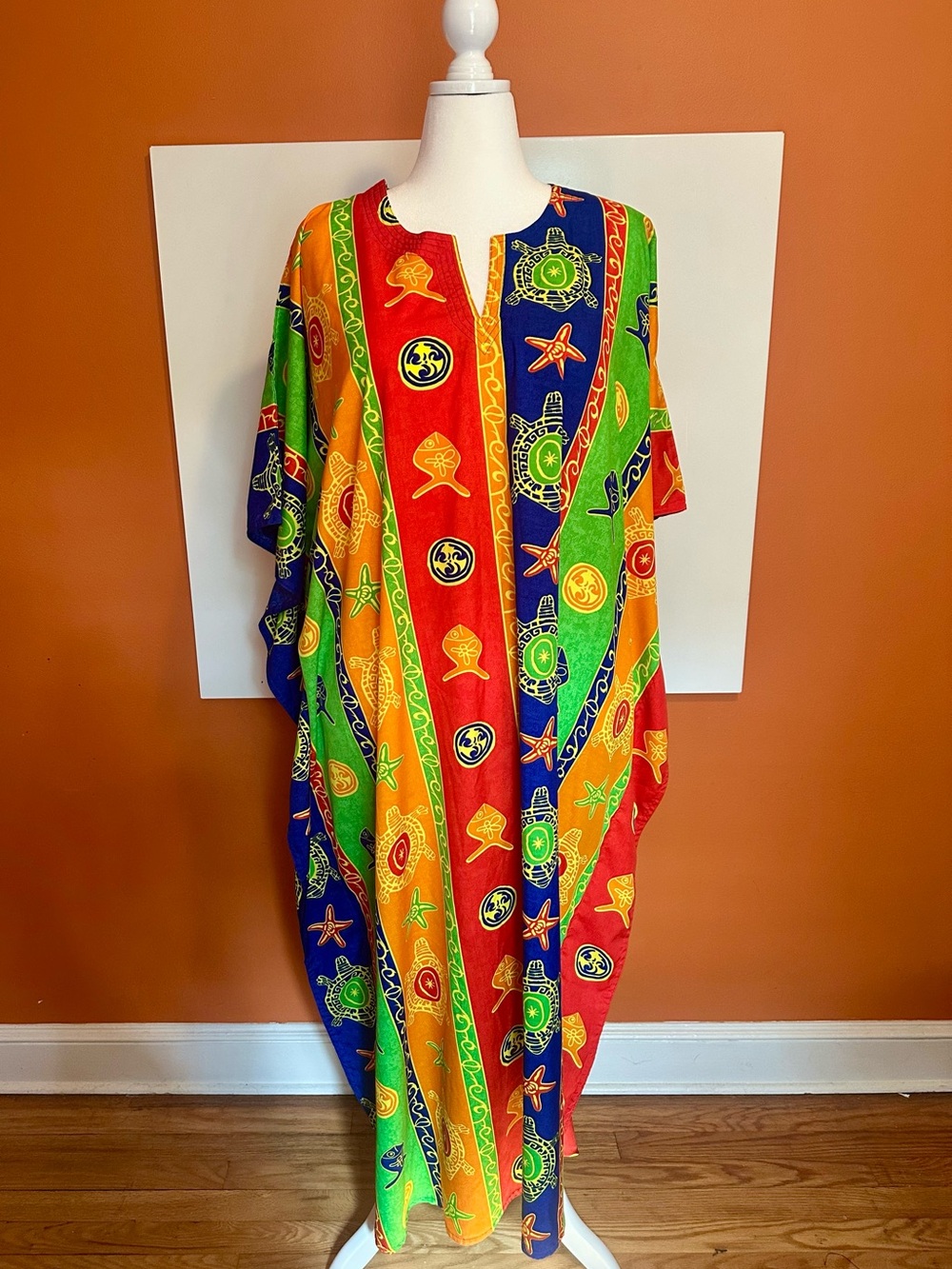Rima Beach World Vibrant Sea Turtle & Starfish Kaftan Maxi Dress Cover-Up OS